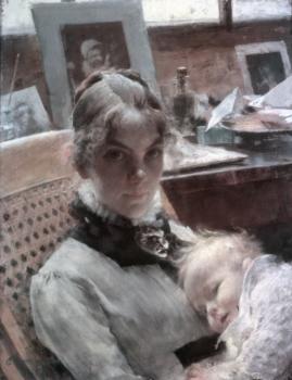 A studio idyll. The artist's wife with daughter Suzanne